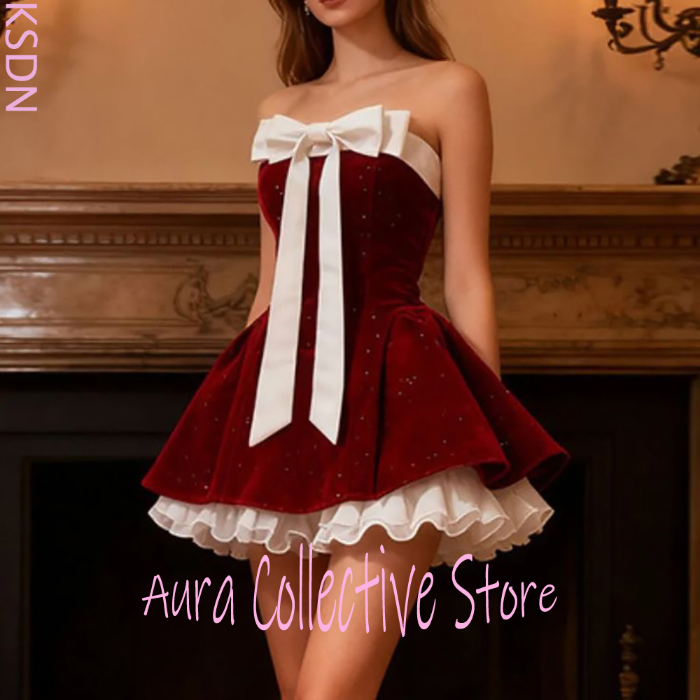 Large Women'S Formal Wear - Bordo Kadife Straplez Kadın Mini Elbise