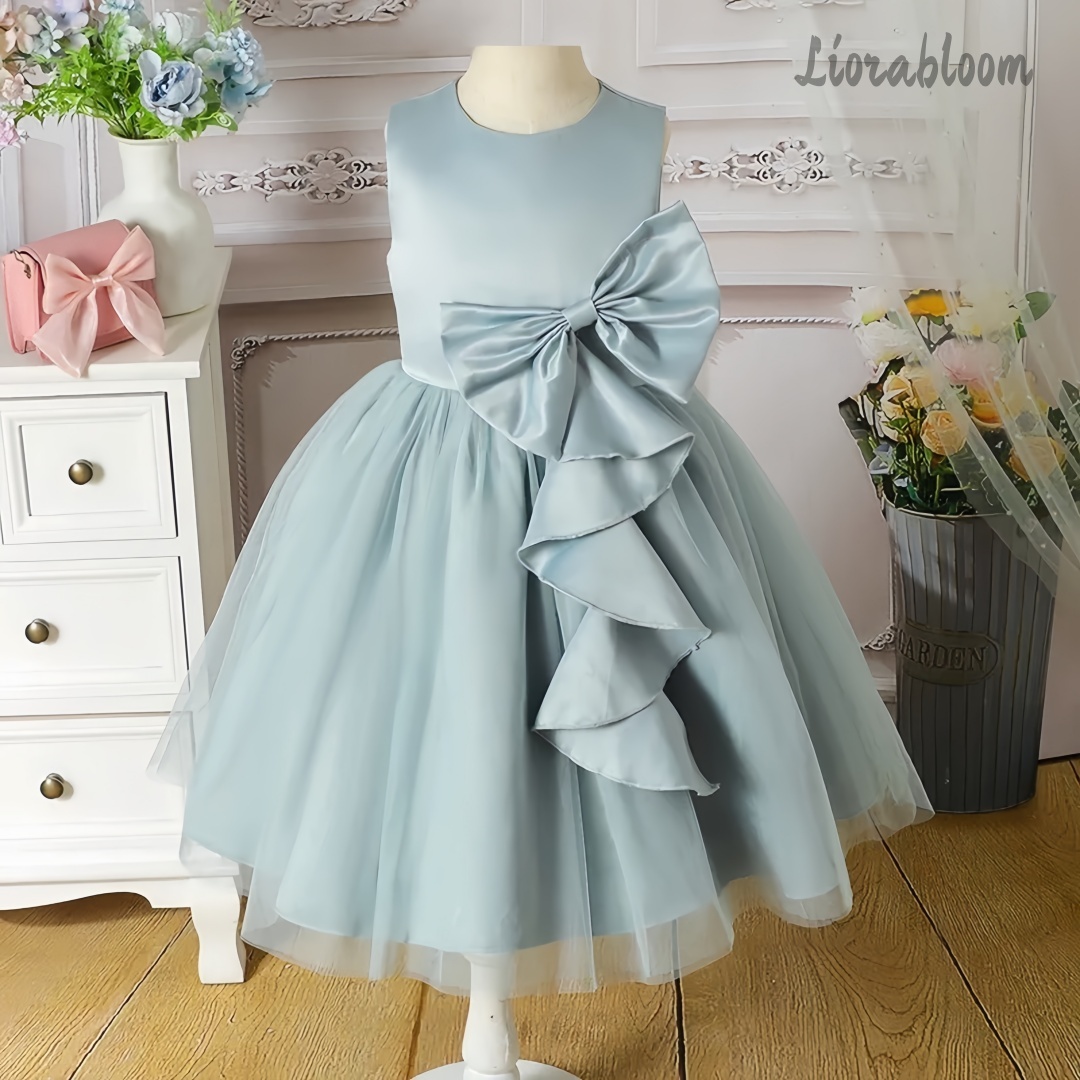 Large Women'S Formal Wear - Mavi Çocuk Abiyesi Büyük Fiyonk Detaylı